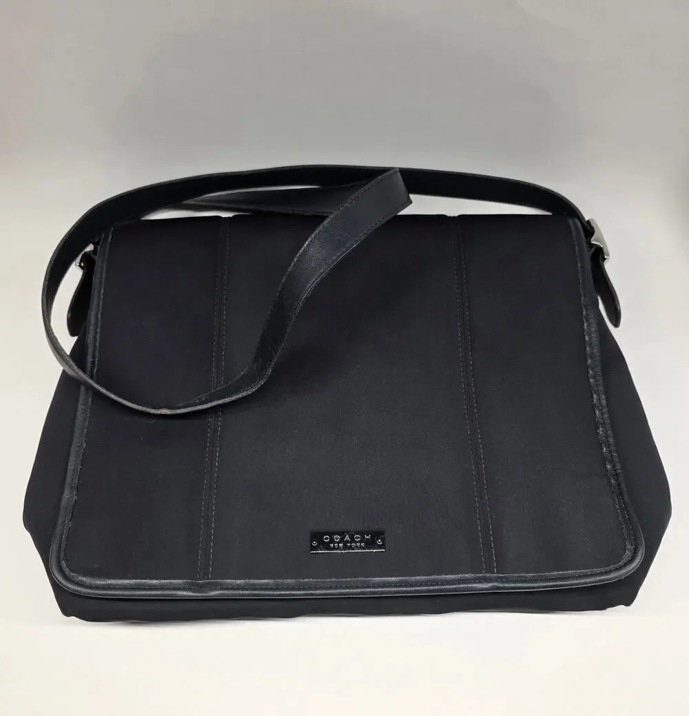 Coach Black Messenger Shoulder Bag Nylon Leather Trim Flap Crossbody